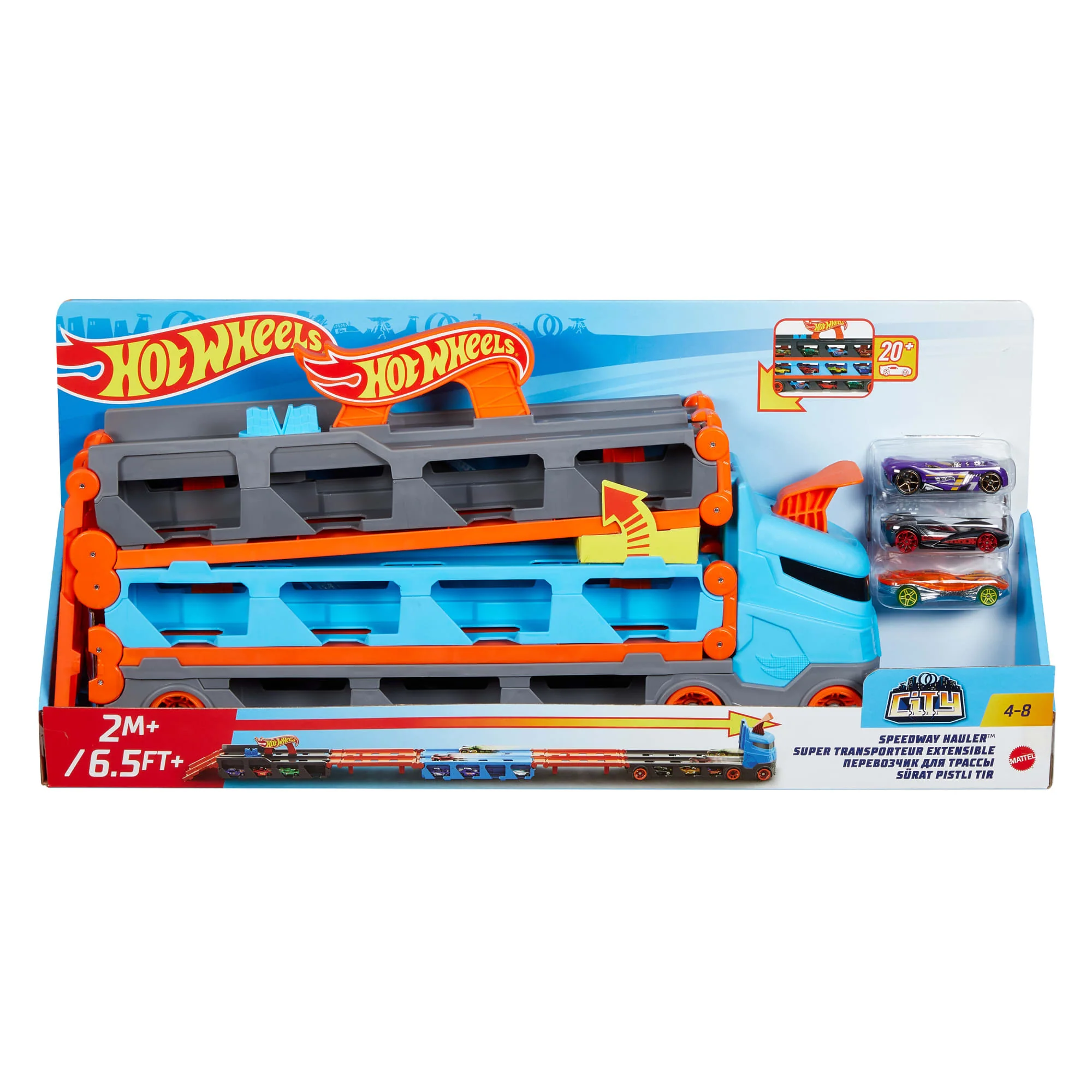 Hot Wheels Camión De Transporte Convertible En Pista Para Coches De Juguete, Almacena 20 Vehículos, Incluye 3 Die-Casts (Mattel Gvg37) - Image 7